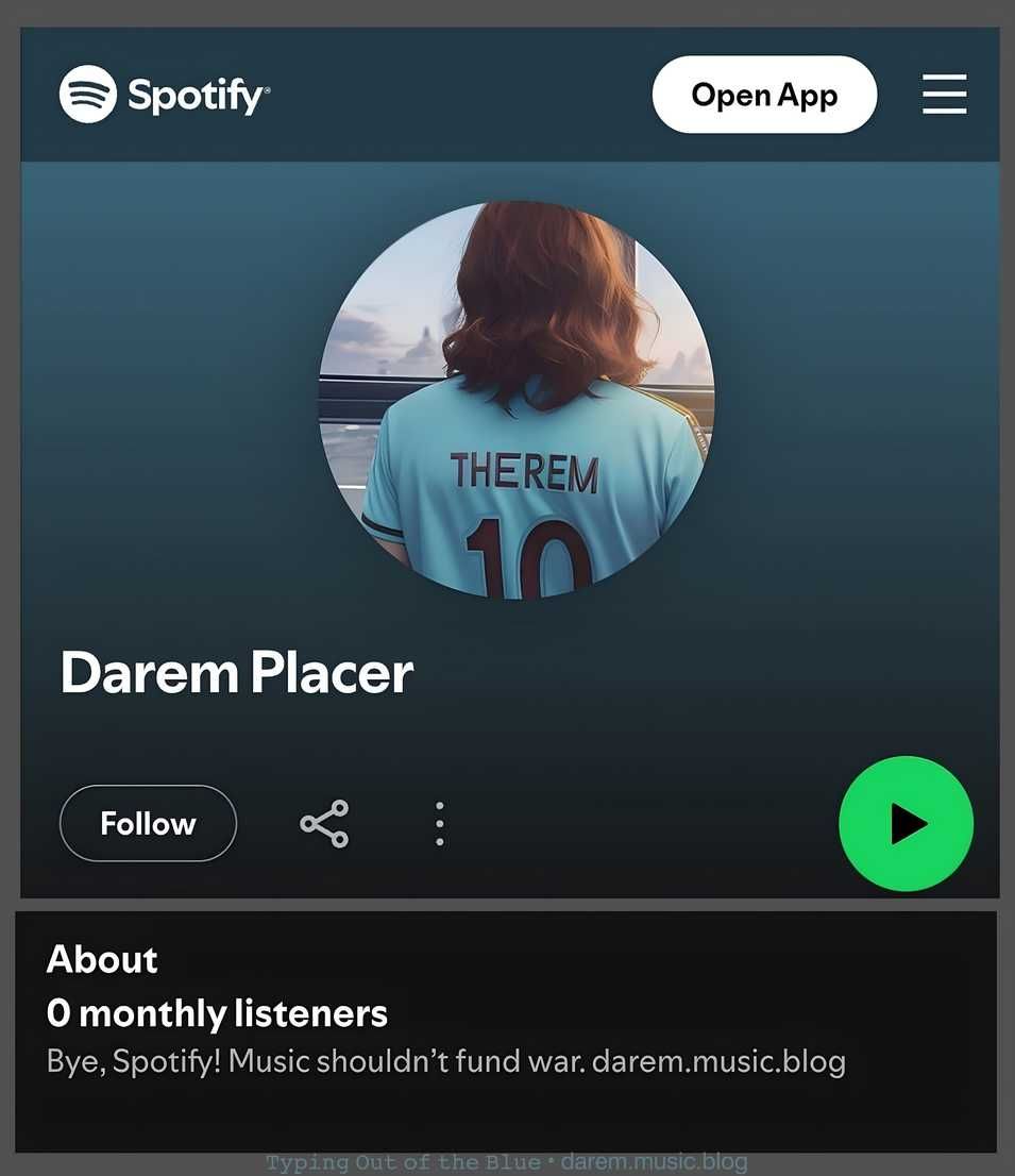 Spotify artist profile page showing Darem Placer with zero monthly listeners and a profile photo of a person wearing a jersey labeled THEREM number 10